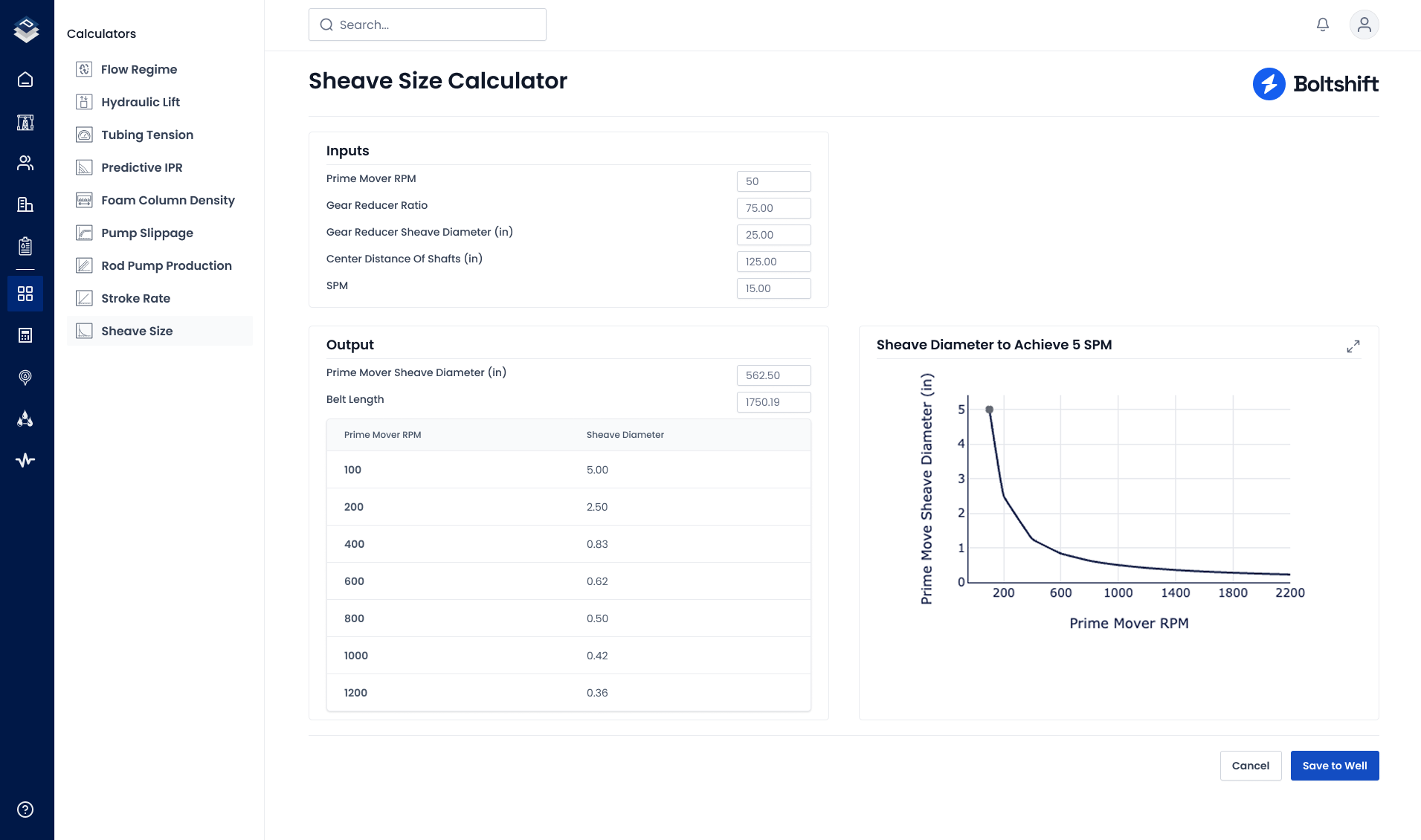 Sheave Size Calculator interface